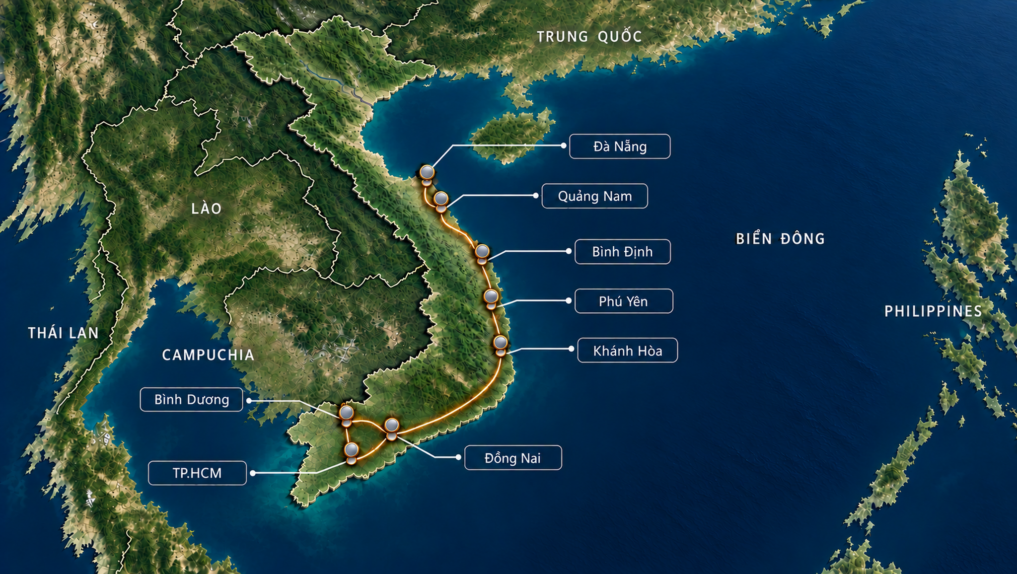 Tuan Trinh Logistics operational network across 8 connected hubs: Ho Chi Minh City, Binh Duong, Dong Nai, Khanh Hoa, Phu Yen, Binh Dinh, Quang Nam, Da Nang